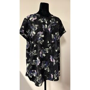 Simply Vera Vera Wang Floral Blouse XXL Black Purple Short Sleeve Satin Look